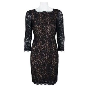 ADRIANNA PAPELL Lace Overlay Sheath Dress Size 4P Black and Nude NWOT